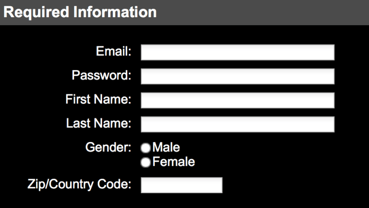Screenshot of sign-up form labeled “Required information” with text inputs for email, password, first name, last name, and zip or country code, and a radio button control labeled “Gender” with “Male” and “Female” options.